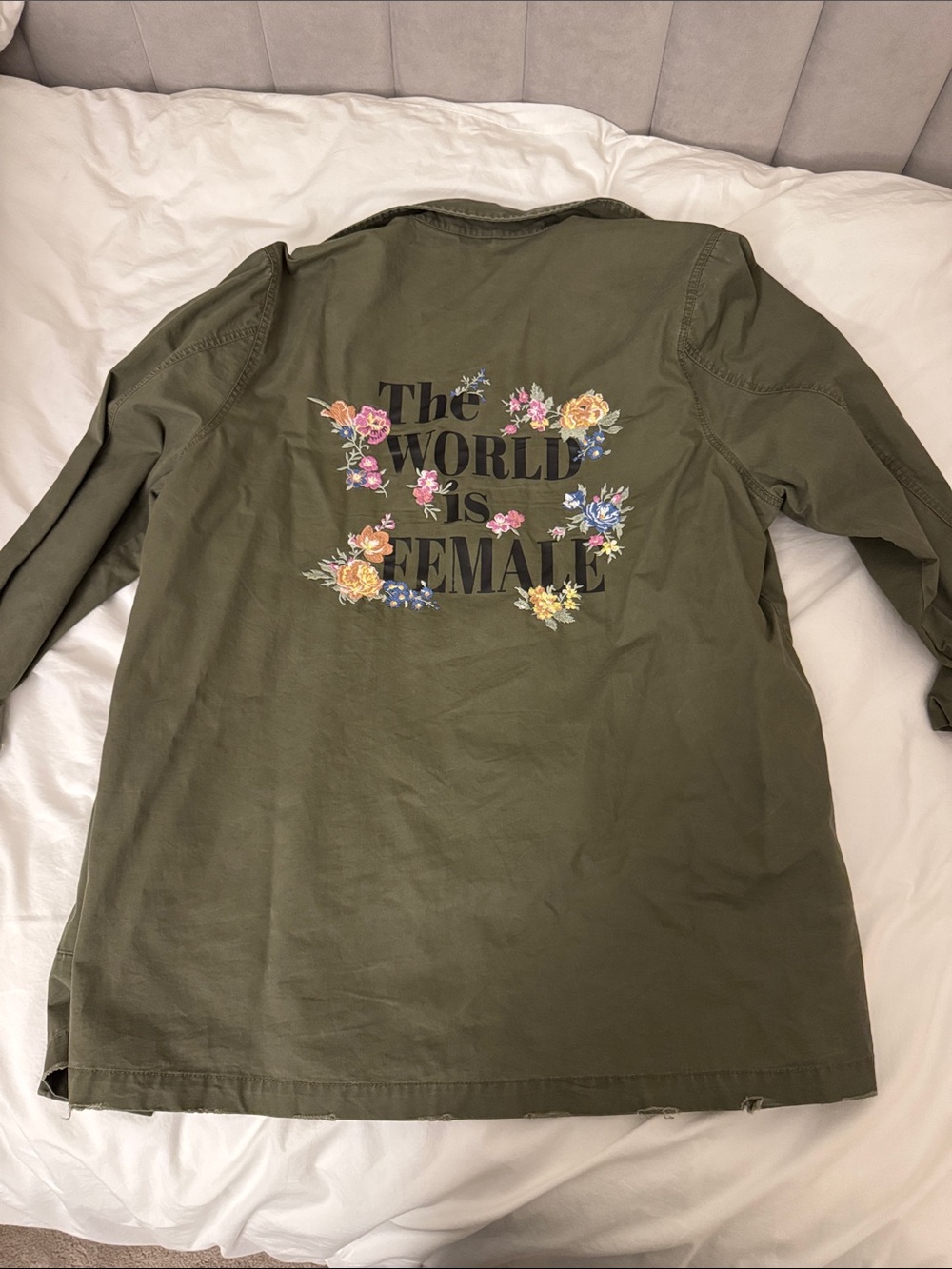 Olive Green Floral 'The World is Female' Utility Jacket